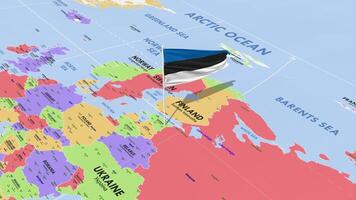 Estonia Flag Waving in Wind, World Map Rotating around Flag, Seamless Loop, 3D Rendering video