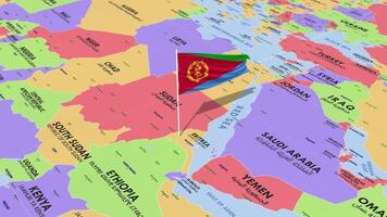 eritrea bandera ondulación en viento, mundo mapa giratorio alrededor bandera, sin costura bucle, 3d representación video