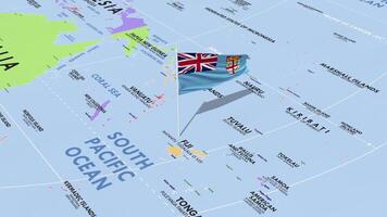 Fidschi Flagge winken im Wind, Welt Karte rotierend um Flagge, nahtlos Schleife, 3d Rendern video
