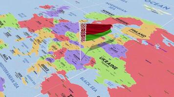 Belarus Flag Waving in Wind, World Map Rotating around Flag, Seamless Loop, 3D Rendering video