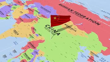 China Flag Waving in Wind, World Map Rotating around Flag, Seamless Loop, 3D Rendering video