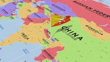 Bhutan Flag Waving in Wind, World Map Rotating around Flag, Seamless Loop, 3D Rendering video