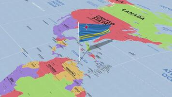 Aruba Flagge winken im Wind, Welt Karte rotierend um Flagge, nahtlos Schleife, 3d Rendern video