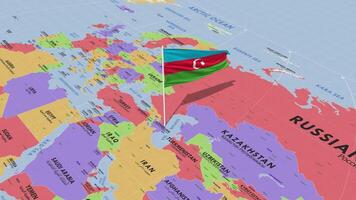 azerbaijan flagga vinka i vind, värld Karta roterande runt om flagga, sömlös slinga, 3d tolkning video