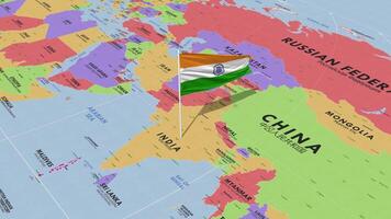India Flag Waving in Wind, World Map Rotating around Flag, Seamless Loop, 3D Rendering video