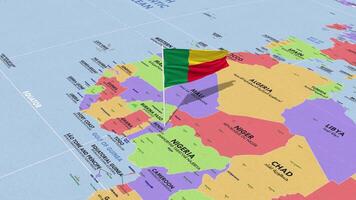 Benin Flag Waving in Wind, World Map Rotating around Flag, Seamless Loop, 3D Rendering video