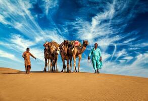 Two cameleers camel drivers with camels in dunes of Thar desert photo