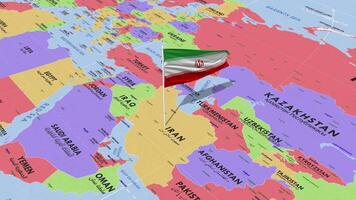 Iran Flag Waving in Wind, World Map Rotating around Flag, Seamless Loop, 3D Rendering video