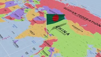 Bangladesh Flag Waving in Wind, World Map Rotating around Flag, Seamless Loop, 3D Rendering video