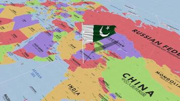 Pakistan bandiera agitando nel vento, mondo carta geografica rotante in giro bandiera, senza soluzione di continuità ciclo continuo, 3d interpretazione video