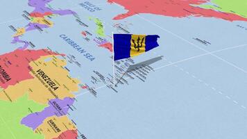 Barbados Flagge winken im Wind, Welt Karte rotierend um Flagge, nahtlos Schleife, 3d Rendern video