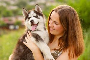 Woman playing with cute little husky puppy dog outdoors. Pet and owner love photo