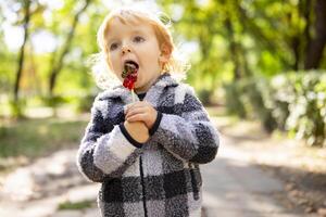 gracioso niño con caramelo chupete, pequeño chico comiendo grande azúcar pirulí al aire libre foto