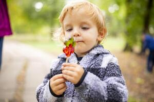 Funny child with candy lollipop, little boy eating big sugar lollipop outdoors photo