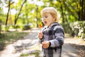 gracioso niño con caramelo chupete, pequeño chico comiendo grande azúcar pirulí al aire libre foto