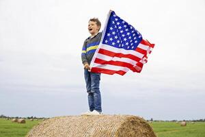 joven chico ondulación americano bandera en abierto campo foto