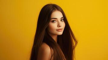 AI generated girl with shiny brown and straight long hair on yellow background with copy space photo