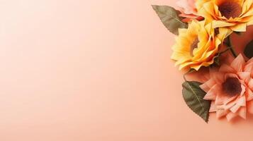 AI generated Sunflower with rose with leaves on pastel peach background with text space, photo