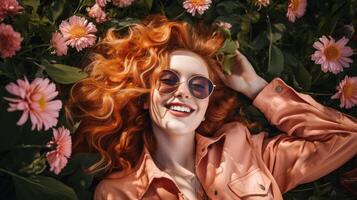 AI generated Top view happy smiling redhead Woman in trendy peach color jacket and gerbera Flower glasses lying on green grass., photo