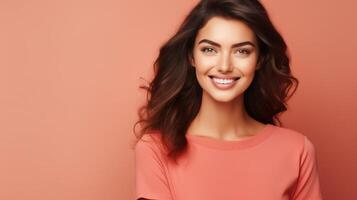 AI generated Close up photo of pretty cheerful lady stylish red clothes arm direct space beauty procedure isolated on pastel peach color background,