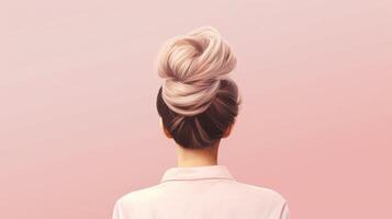 AI generated A view of the back of a woman's head. Hair wrapped in a bun on a light pink pastel background, photo