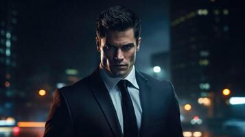 AI generated close up of Handsome businessman, City night view, photo