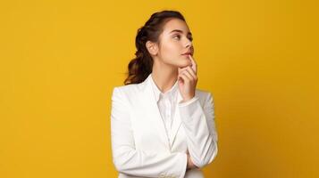 AI generated successful pensive girl student in white suit and blazer thinks and dreams on yellow isolated background, photo
