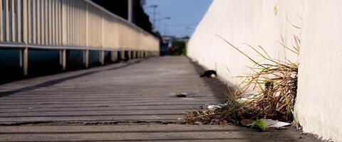 A wide low-angle view, A bridge or road with a fence, a grassy area with piles of debris on the walkway. photo