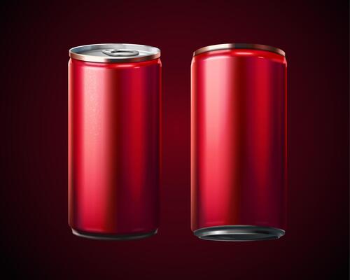 3D rendering of blank aluminium soda cans on red background