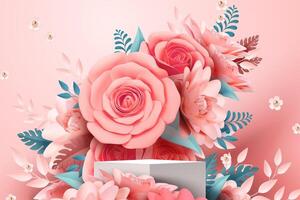 Light pink paper rose flower decorations in 3d illustration vector