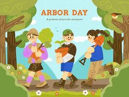 Illustration of cute kids carrying plants and shovel while walking in the forest. Suitable for Arbor Day and Earth day. vector