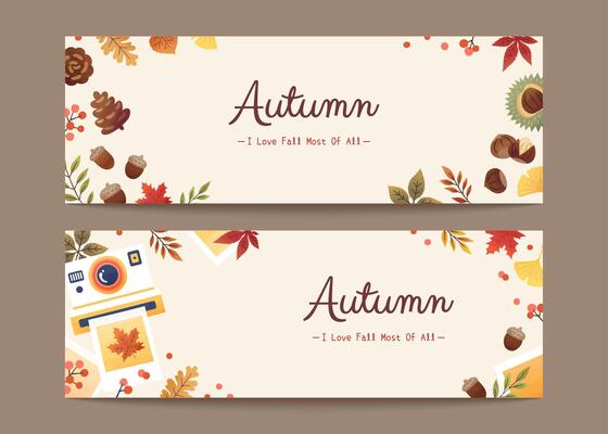 Set of minimal autumn foliage banners in flat design, applicable to web headers and sale promotion