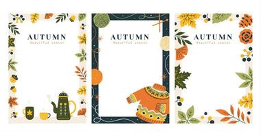 Set of autumn decorative borders in trendy hand drawn style, applicable to card, cover and invitation vector