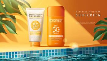 Sunscreen ad template with monstera leaves and swimming pool scene design, 3d illustration vector