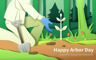 Illustration of planting seedling on Arbor Day with layers of green forest paper art background. vector