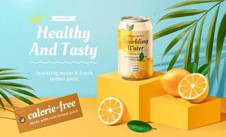 Sparkling water advertisement with lemons and palm leaves elements in 3d illustration vector