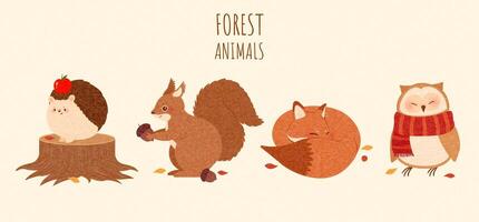 Set of autumn forest animal elements in cute hand drawn design, including owl, fox, squirrel and hedgehog, isolated on yellow background vector