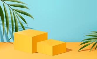 Advertisement template with yellow square stage and palm leaves in 3d illustration vector