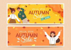 Set of cute autumn banners in retro hand drawn style, applicable to web headers and sale promotion vector