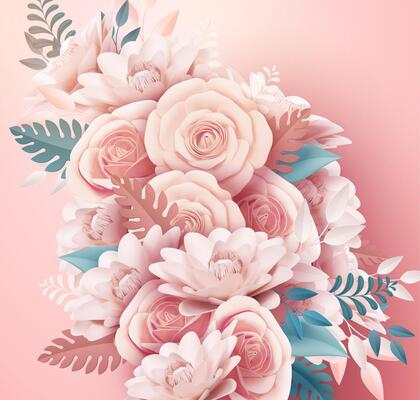 Light pink paper rose flower decorations in 3d illustration