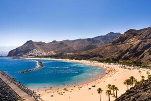Top view of Las Teresitas beach with yellow sand. Near the city of Santa Cruz de Tenerife, Tenerife, Canary Islands photo
