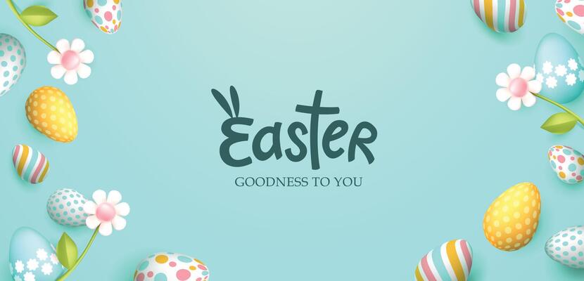 Easter banner with easter eggs frame and spring flowers on pastel