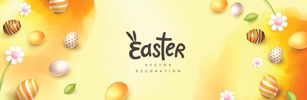 Easter day banner with easter eggs frame and spring flowers on water color background and calligraphy of easter vector