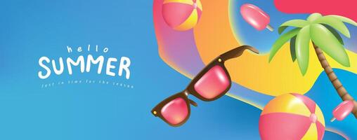 Colorful Summer banner background with Beach Accessories On Blue Plank - Summer Holiday Banner vector