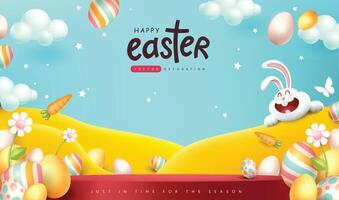 Happy easter banner product display with spring season nature landscape colored easter eggs different ornaments and copy space vector