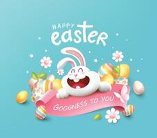 Happy easter banner card with happy bunny spring season colored easter eggs vector