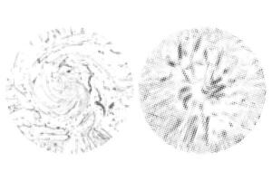 dos círculos con diferente formas y tamaños con trama de semitonos puntos efecto, ojo lente con mapa de bits punto textura conjunto vector