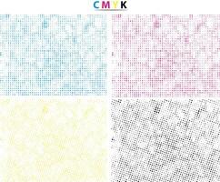 Cmyk halftone dot pattern vector illustration set, halftone dots and squares on white background,