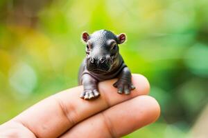 ai generado un pequeño hipopótamo se sienta en un del hombre dedo foto