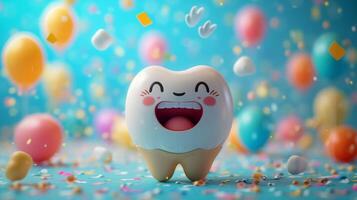 ai generado un contento sonriente diente en un festivo antecedentes con vistoso pelotas. el concepto de un limpiar diente. 3d ilustración foto